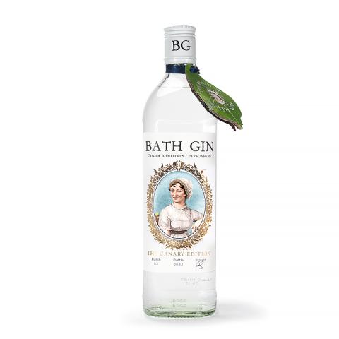 Bottle of Bath Gin featuring a winking Jane Austen. 